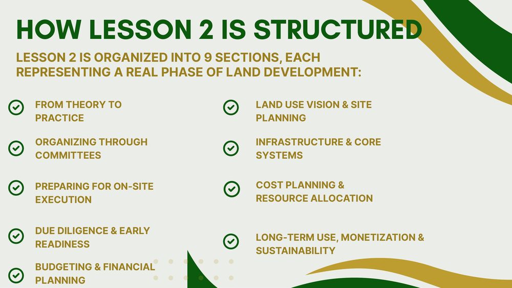 Lesson 2 — how the lesson is structured across nine phases of land development.